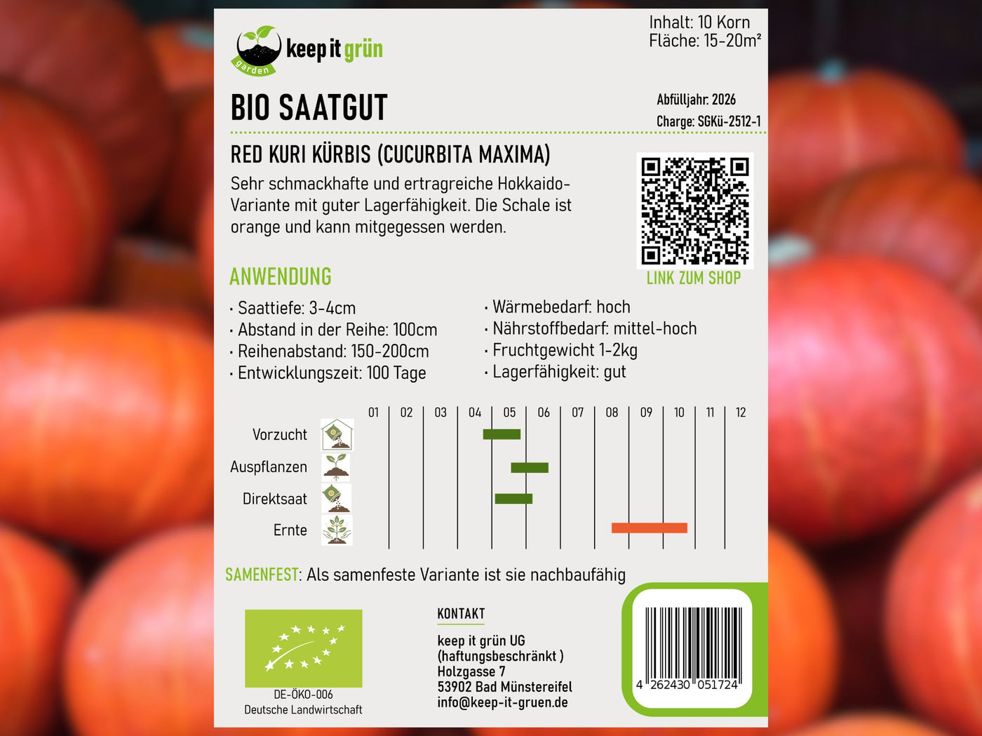 Bio Saatgut Hokkaido Kürbis 'Red Kuri' – keep it grün
